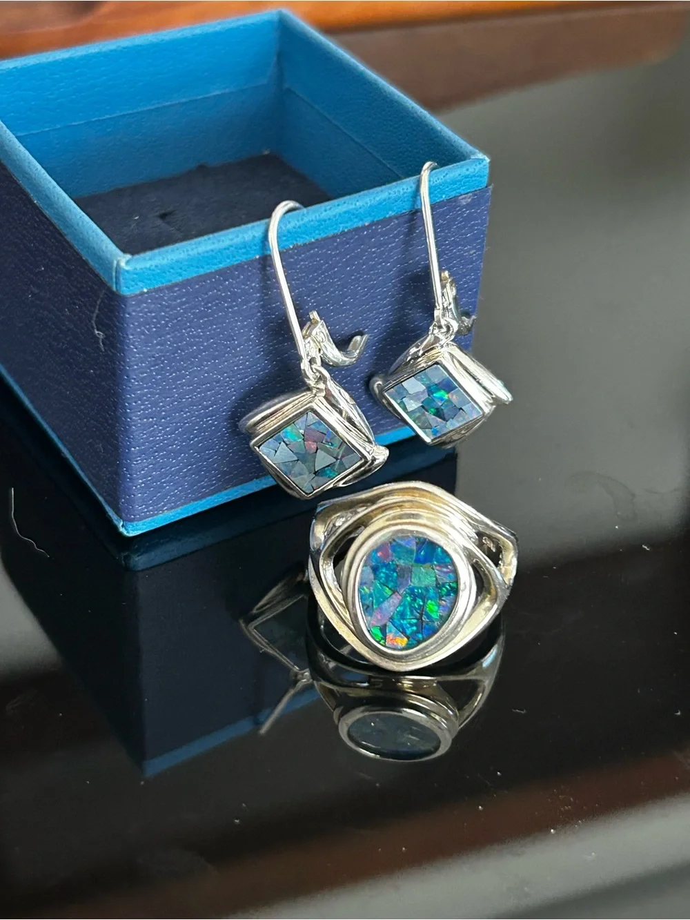 Whitney Kelly Sterling Silver 925 Blue Mosaic Opal Ring Size 8 Earrings Set